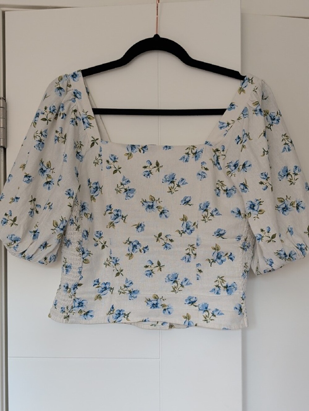 Floral Square-Neck Puff Sleeve Top - Blue/White - Picture 4 of 4